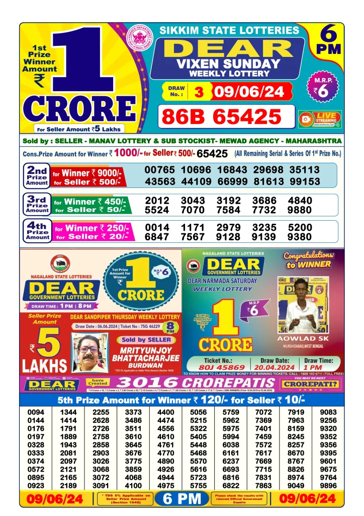 Dhankesari Dear Lottery Today Result 6:00 PM 9.6.2024