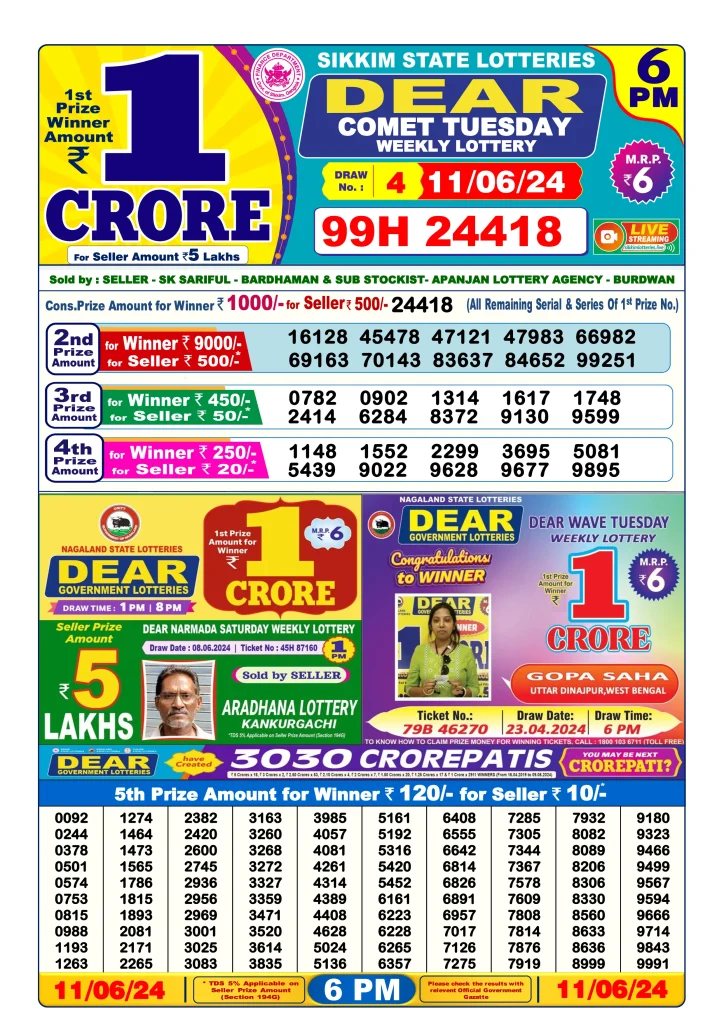 Dhankesari Dear Lottery Today Result 6:00 PM 11.6.2024