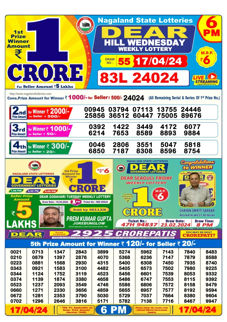 Dhankesari Dear Lottery Today Result 6:00 PM 17.4.2024