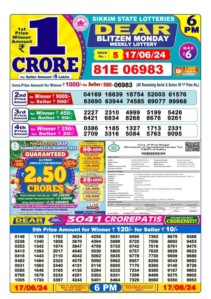 Dhankesari Dear Lottery Today Result 6:00 PM 17.6.2024