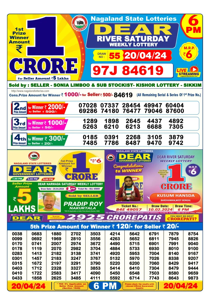 Dhankesari Dear Lottery Today Result 6:00 PM 20.4.2024