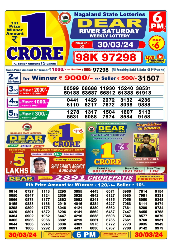 Dhankesari Dear Lottery Today Result 6:00 PM 30.3.2024