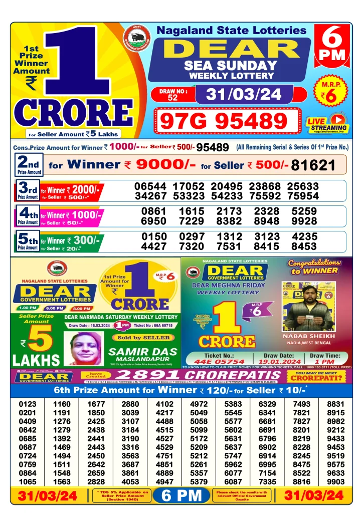 Dhankesari Dear Lottery Today Result 6:00 PM 31.3.2024