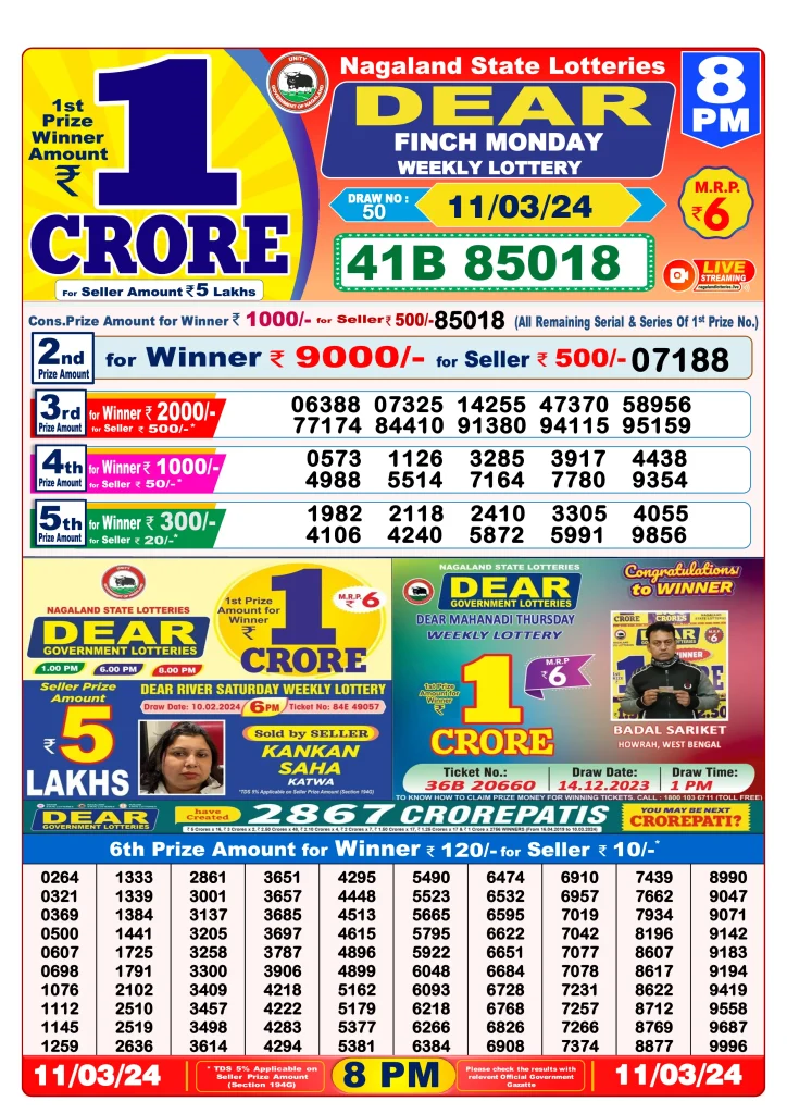 Dhankesari Dear Lottery Evening Result 8:00 PM 11.3.2024