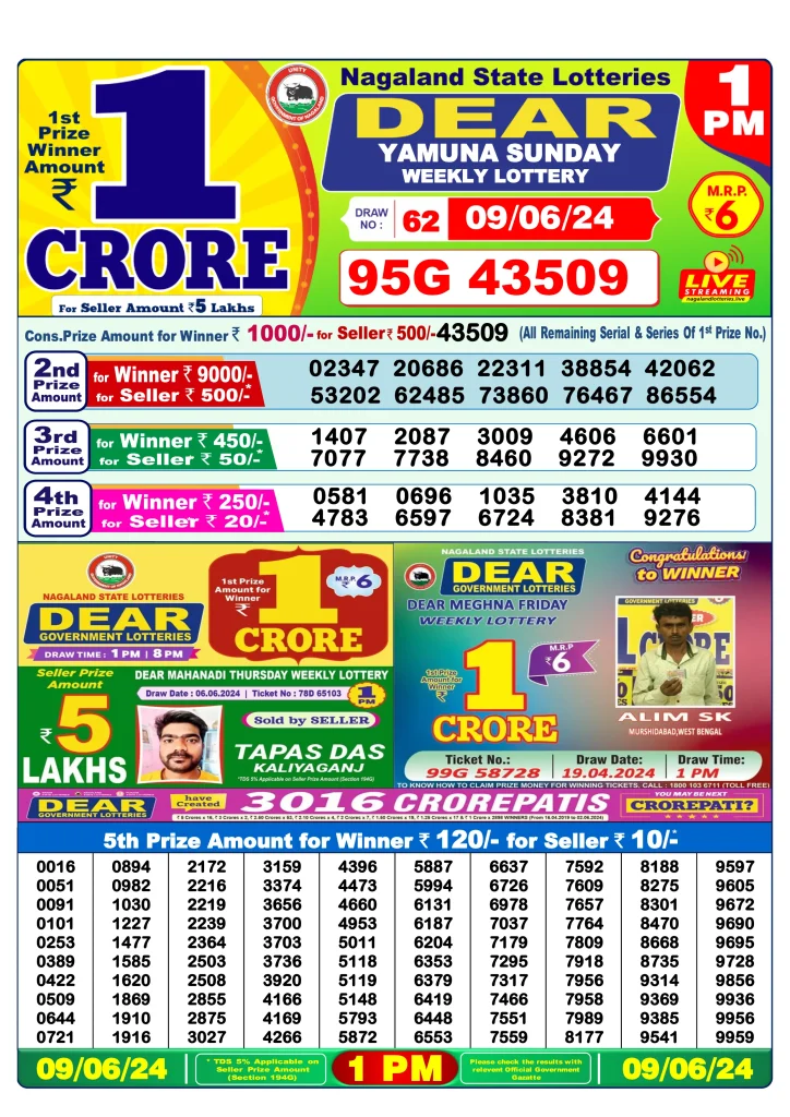 Dhankesari Dear Morning Lottery Result 1:00 PM 9.6.2024