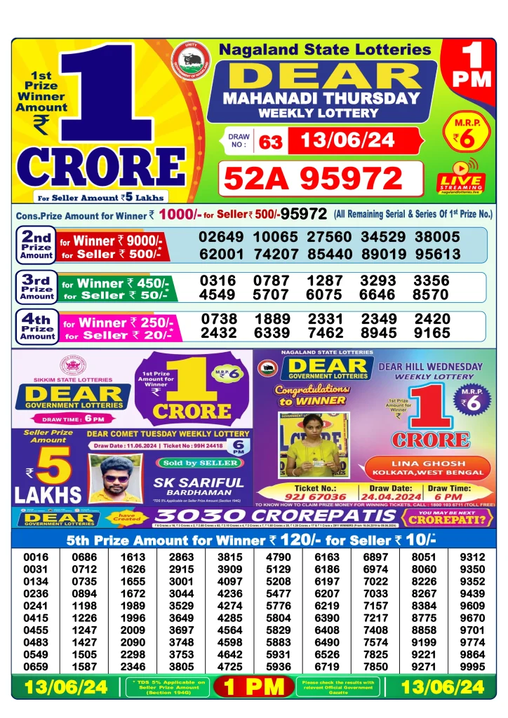 Dhankesari Dear Morning Lottery Result 1:00 PM 13.6.2024