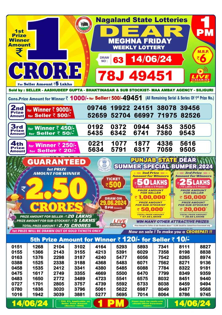 Dhankesari Dear Morning Lottery Result 1:00 PM 14.6.2024