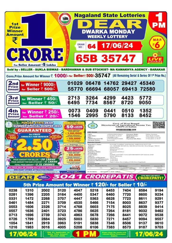 Dhankesari Dear Morning Lottery Result 1:00 PM 17.6.2024