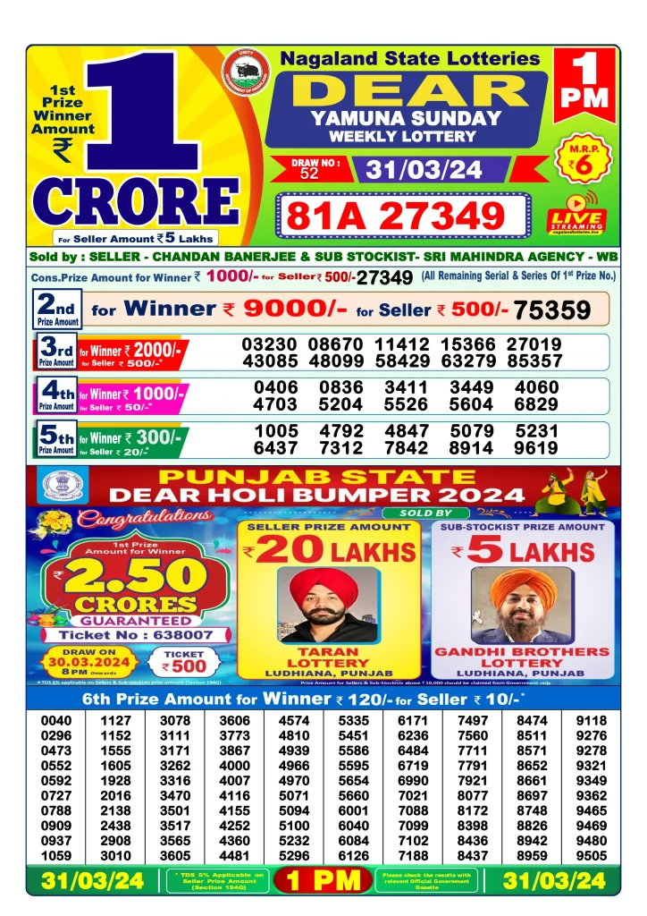 Dhankesari Dear Morning Lottery Result 1:00 PM 31.3.2024