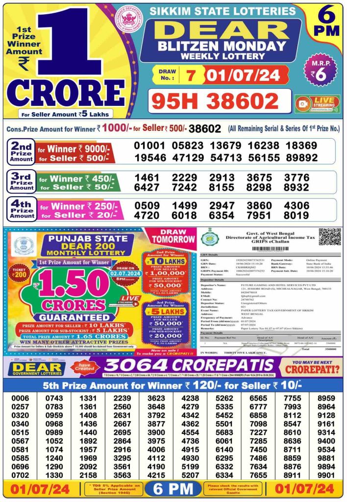 Dhankesari Dear Lottery Today Result 6:00 PM 1.7.2024