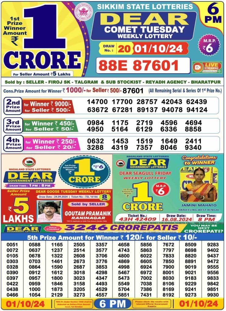 Dhankesari Dear Lottery Today Result 6:00 PM 1.10.2024