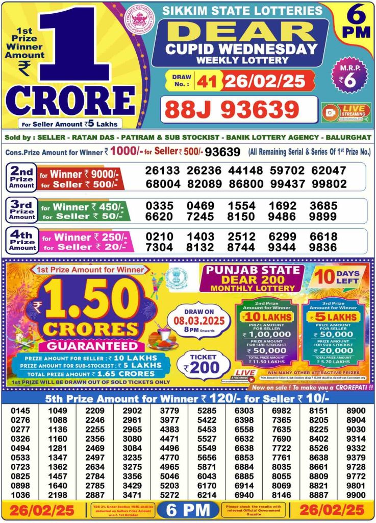 Dhankesari Dear Lottery Today Result 6:00 PM 26.2.2025