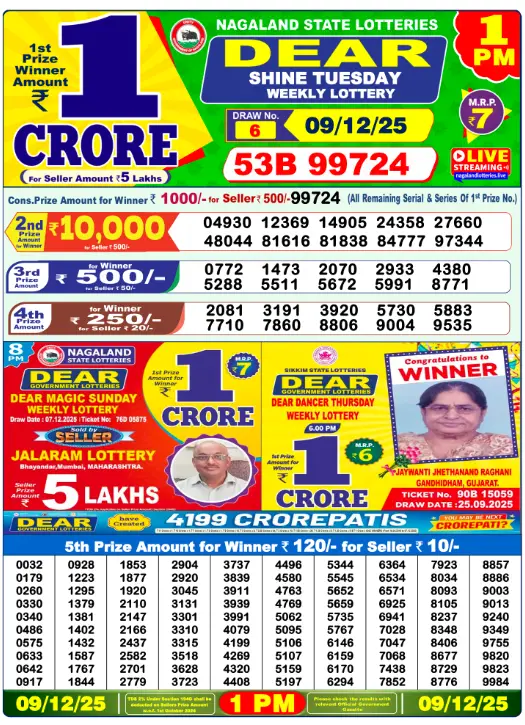 Dhankesari Dear Morning Lottery Result 1:00 PM 9.12.2025