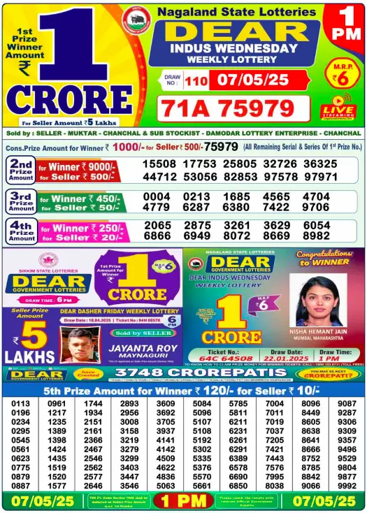 Lottery Sambad 7.5.2025 Today Result 1 PM, 6 PM, 8 PM