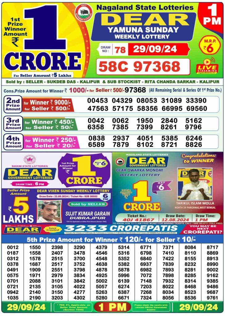 Dhankesari Dear Morning Lottery Result 1:00 PM 29.9.2024