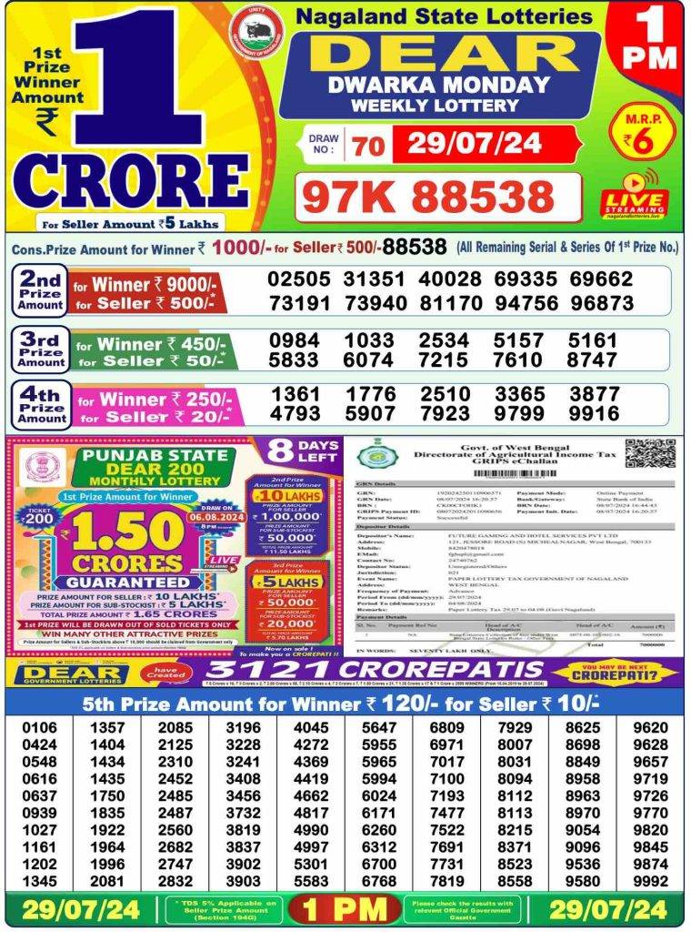 Dhankesari Dear Morning Lottery Result 1:00 PM 29.7.2024