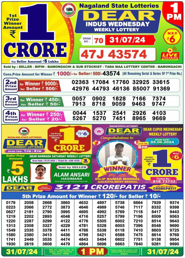 Lottery Sambad Morning 1 PM 31.7.2024