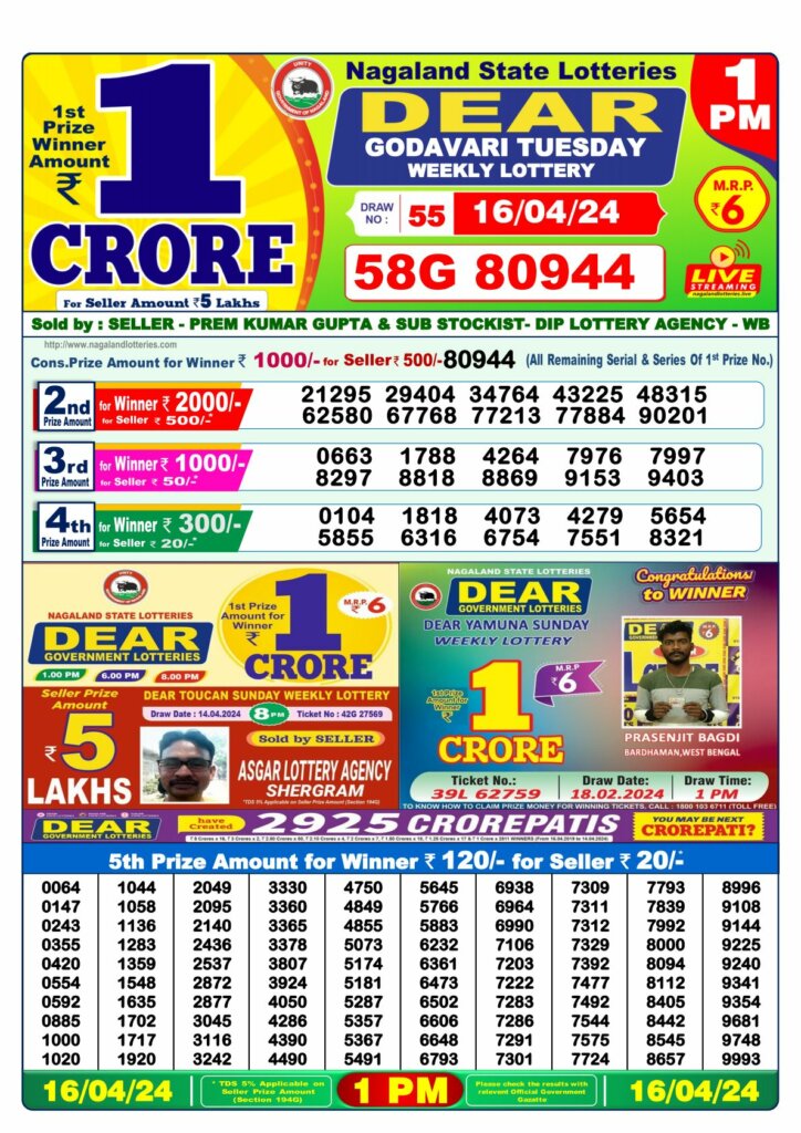 Dhankesari Dear Morning Lottery Result 1:00 PM 16.4.2024