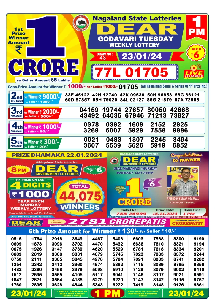 Dhankesari Lottery Sambad 23.1.2024 Result 1PM, 6PM and 8PM
