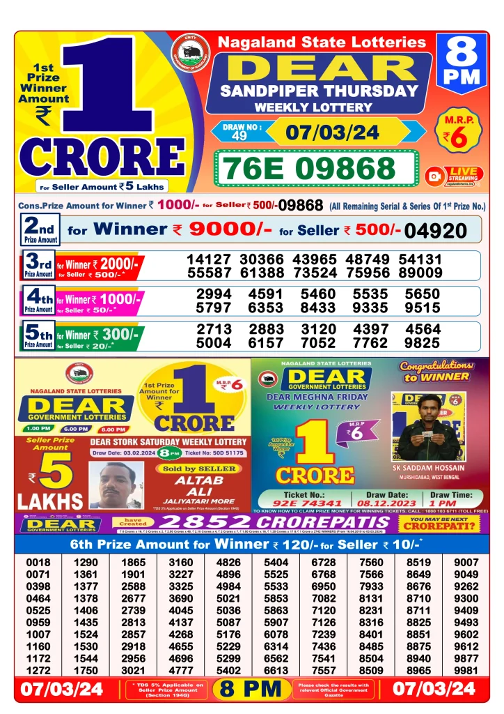 Lottery Sambad Result 7.3.2024 Today 1 PM, 6 PM & 8 PM