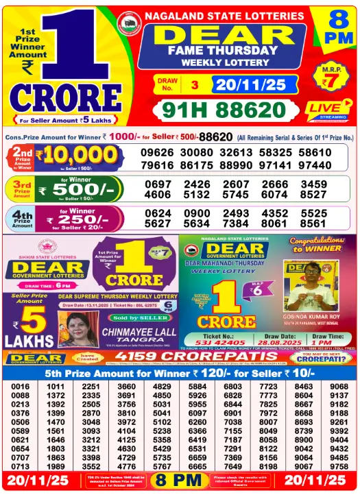 Lottery Sambad Result 20.11.2025 Today 1 PM, 6 PM & 8 PM
