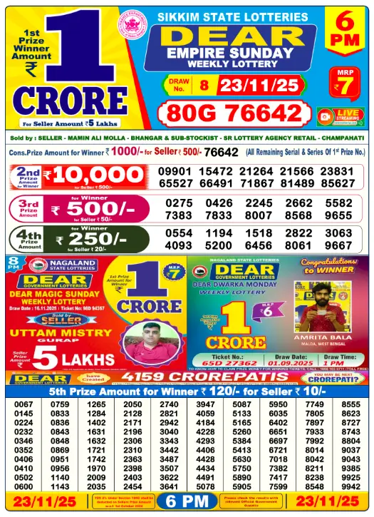 Lottery Sambad Day Result 6 PM 23.11.2025