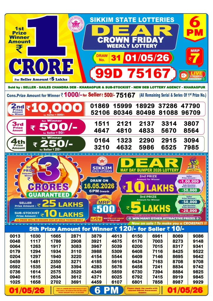 Dhankesari Dear Lottery Today Result 6:00 PM 1.5.2026