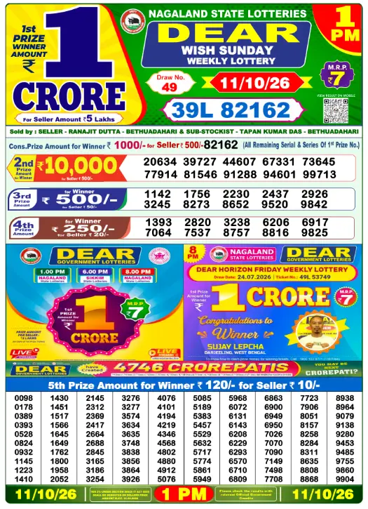 Dhankesari Dear Morning Lottery Result 1:00 PM 11.10.2026