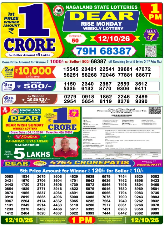 Lottery Sambad Morning 1 PM 12.10.2026