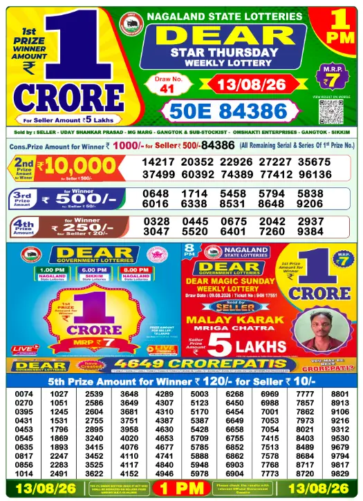 
Dhankesari Dear Morning Lottery Result 1:00 PM 13.8.2026
