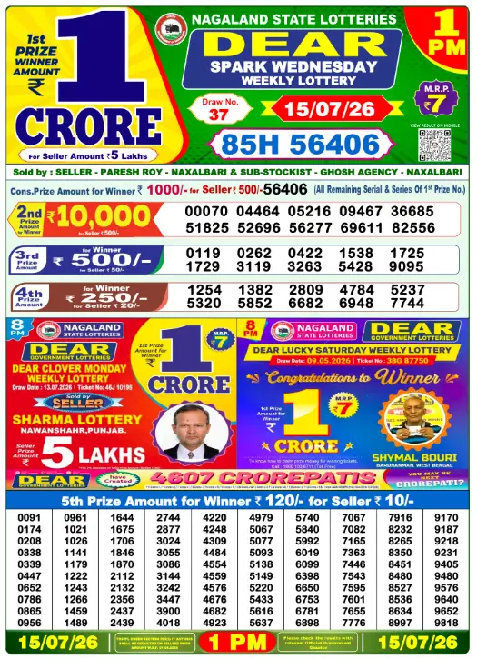 Dhankesari Dear Morning Lottery Result 1:00 PM 15.7.2026
