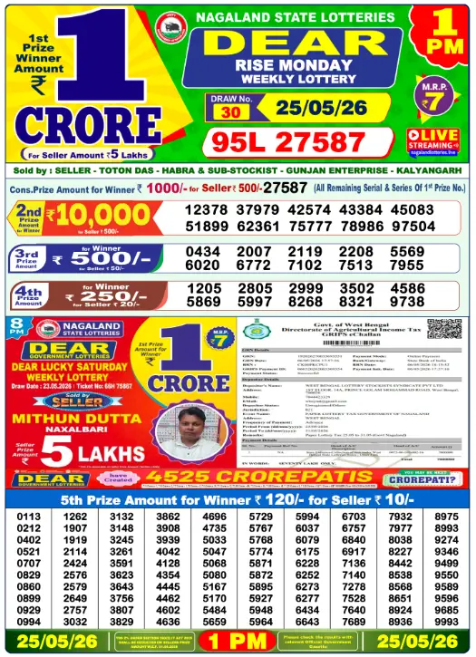 Dhankesari Dear Morning Lottery Result 1:00 PM 25.5.2026