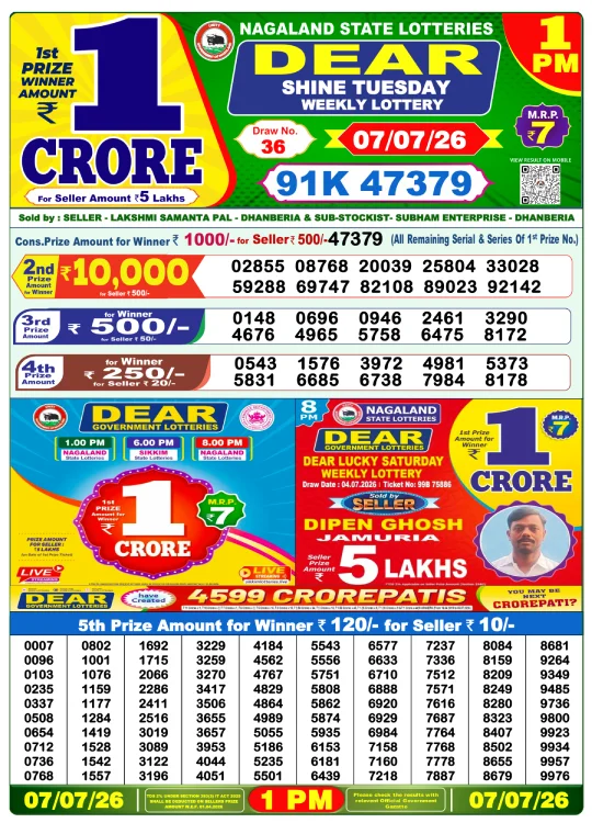 Dhankesari Dear Morning Lottery Result 1:00 PM 7.7.2026