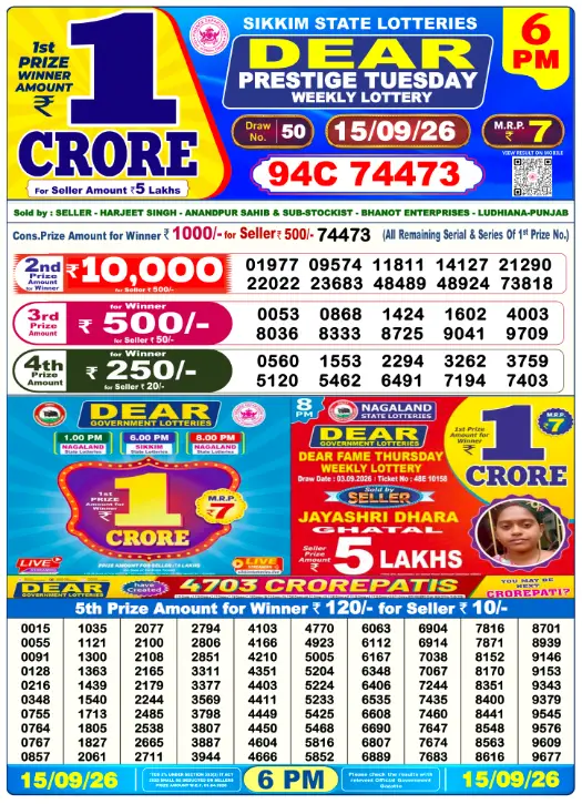 Dhankesari Dear Lottery Today Result 6:00 PM 15.9.2026