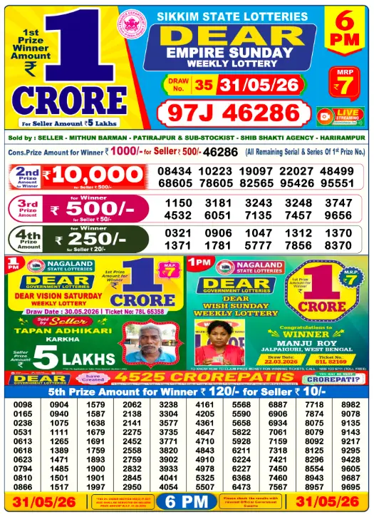 Dhankesari Dear Lottery Today Result 6:00 PM 31.5.2026