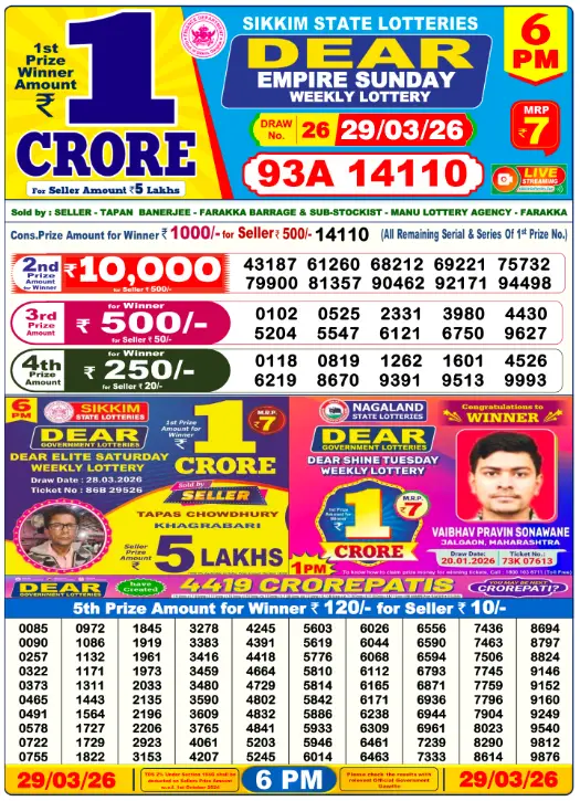 Dhankesari Result Today Lottery Sambad 6:00 PM 29.3.2026