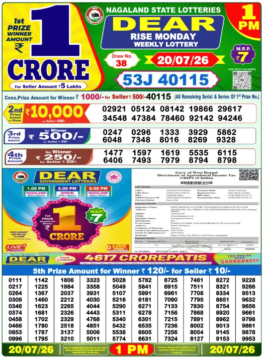 Dhankesari Dear Morning Lottery Result 1:00 PM 20.7.2026