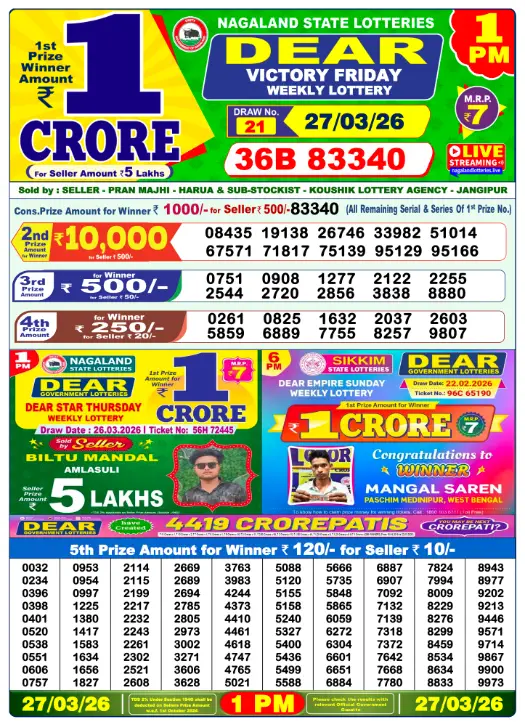 Dhankesari Dear Morning Lottery Result 1:00 PM 27.3.2026