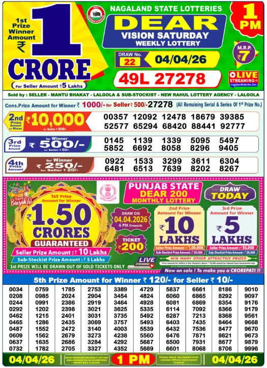 Lottery Sambad Morning 1 PM 4.4.2026