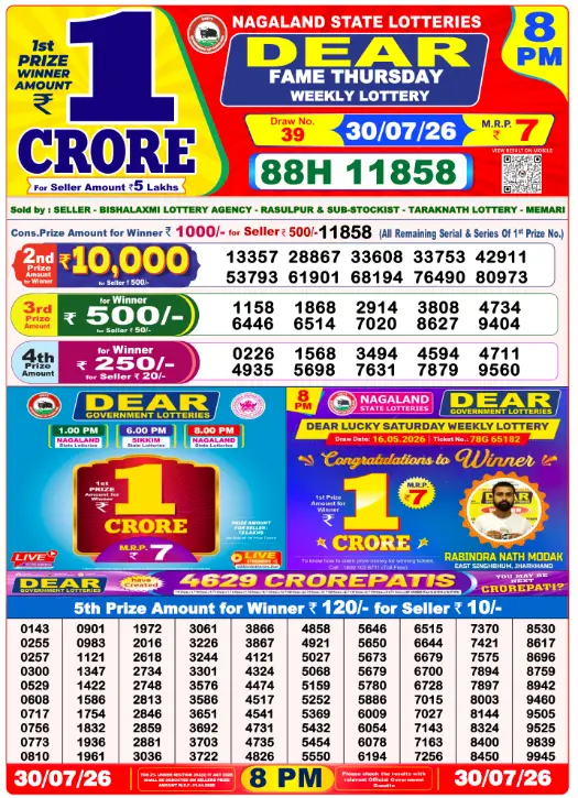 Dhankesari Dear Lottery Evening Result 8:00 PM 30.7.2026